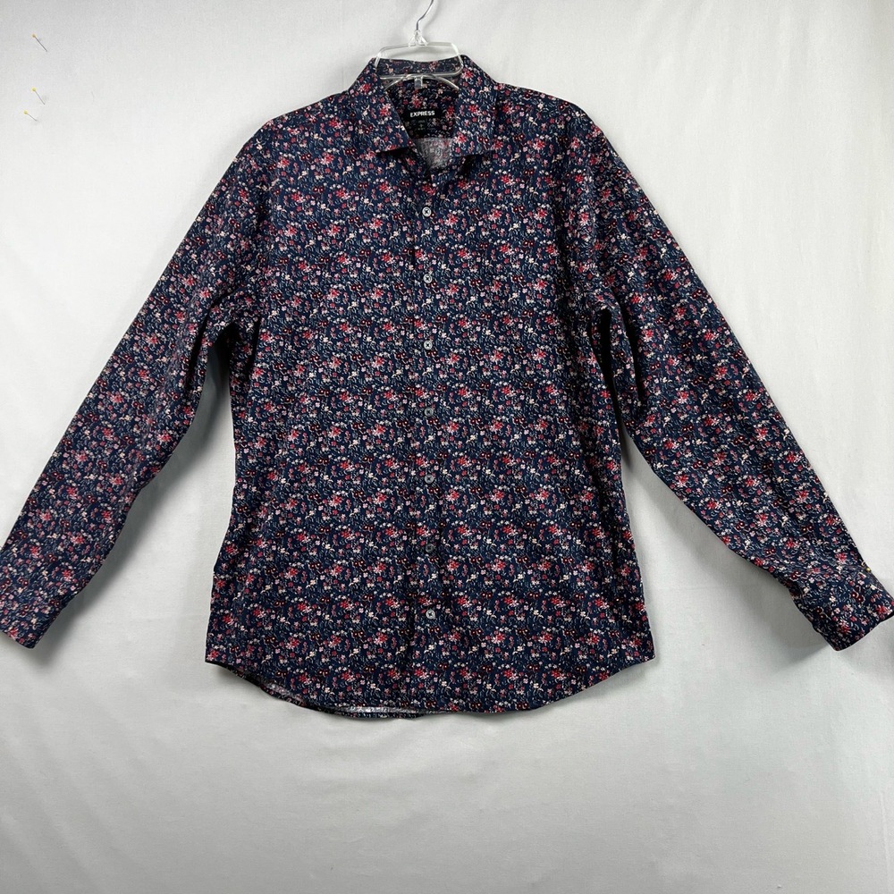 Express Button Up Shirt Mens Slim Large 16 16.5 Floral Blue Long Sleeve